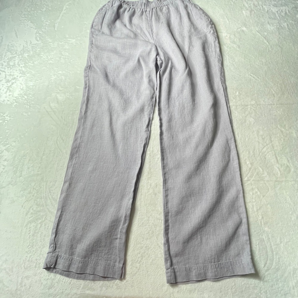 Flax Linen Pants Women Medium Lavender Purple Excellent Wide Leg Elastic Waist